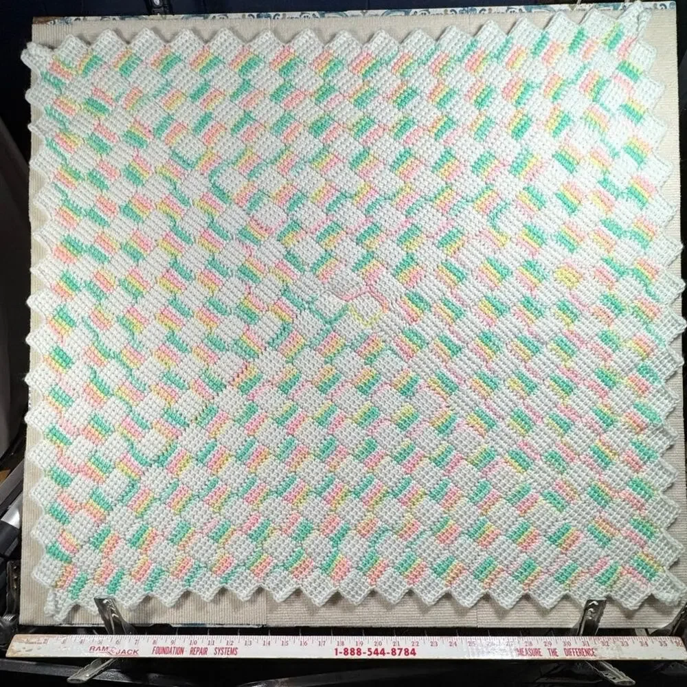 Handmade Crochet Baby Blanket 33x36 Pastel Blue White Pink Yellow Vintage Style
